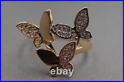 14K Solid Yellow Gold 0.7 Multi Tone Three Butterfly CZ Band Ring. Size 6.75