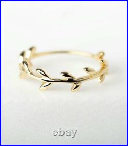14k Solid Gold Minimalist Leaf Ring Band Valentines Girlfriend Branch Ring Gift