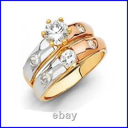 14k Tri color Solid Gold Round cut Engagement Ring & Wedding Band S 4-9