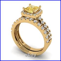 1.6ct Princess Halo Yellow Simulated Promise Ring Band set 14k Yellow Solid Gold