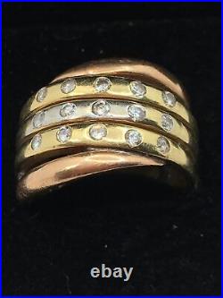 Solid 14K Tricolor Gold White CZ Crossover Bridge Band Ring 7.3gr. Size 7.75