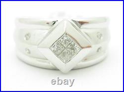 Unique Solid 14k White Gold Genuine White Diamond Princess Cut Wide Band Ring