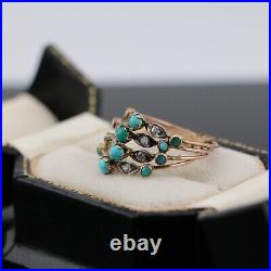 VICTORIAN Solid ROSE GOLD TURQUOISE & Paste HAREM STACKING RING 4 ROW BAND N 1/2